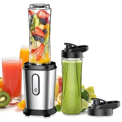 Afbeelding van mixer, 500 W mini blender &amp; smoothiemaker met 2 x 600 ml flessen, BPA vrij Tritan, draagbare van roestvrij staal, 4 bladen voor shake, smoothie en babyvoeding, zilver
