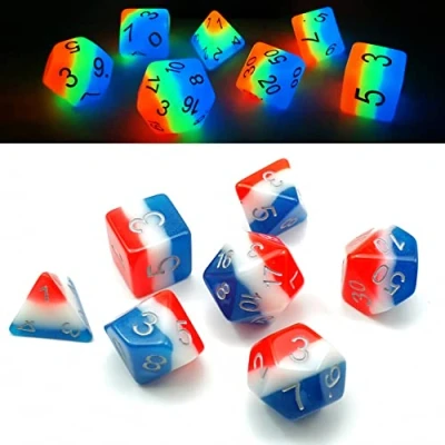 Afbeelding van Bescon Gloeiende Polyhedral Dobbelstenen 7 stks Set FRANSE KISS, Lichtgevende RPG Glow in Dark, DND Rollenspel