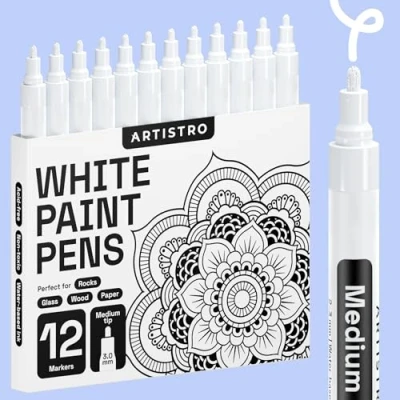 Afbeelding van Artistro Witte marker voor rotsen, steen, keramiek, glas, hout, banden, stof, metaal, canvas, set met 12 viltstiften acrylverf op waterbasis gemiddelde punt (wit)