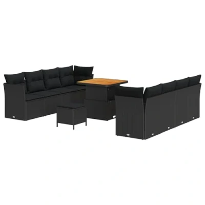 Afbeelding van vidaXL 11 Delige Tuin Sofa Set met Kussens Zwart Poly Riet Acacia