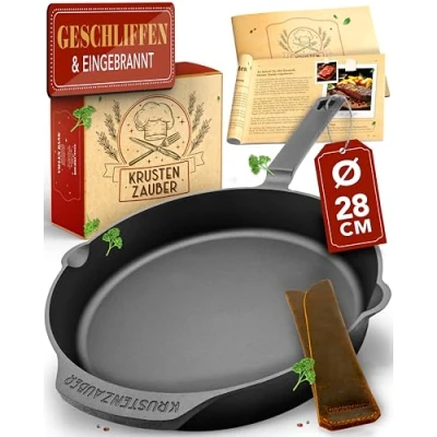 Afbeelding van KRUSTENZAUBER koekenpan 28 cm gietijzeren pan skillet met houder Hapjespan voor gas, inductie, elektrisch fornuis