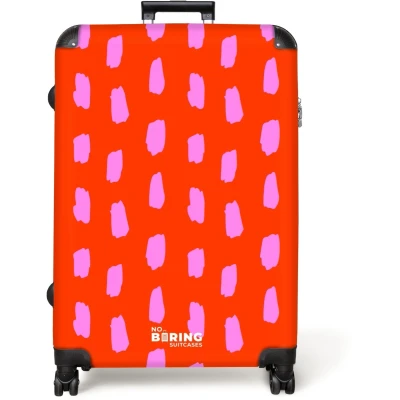 Afbeelding van NoBoringSuitcases.com® Koffer groot Reiskoffer lichtgewicht Vlekkenpatroon in roze op felrode achtergrond Rolkoffer met 4 wielen Grote trolley XL 98 liter bagage