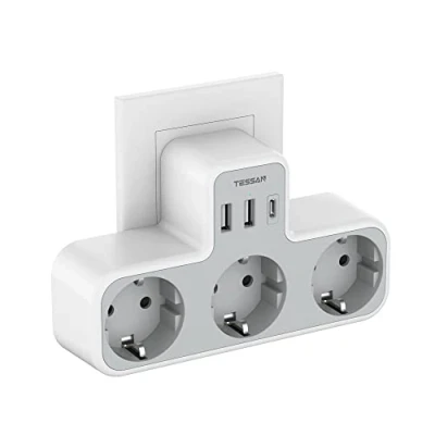 Afbeelding van TESSAN Ladron USB C Stopcontacten, Multi Stopcontact met 2 en Poorten, Plat, voor Kantoor, Keuken, Compatibel Mobiele Telefoons, Stekker, Wit Grijs