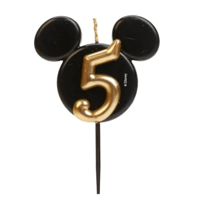 Afbeelding van dekora Mickey Mouse Verjaardagskaars Disney Kaarsen Geurloze Paraffine Was Verjaardagsdecoratie met Zwarte en Gouden Oren Grootte 8,5 cm Nummer 5