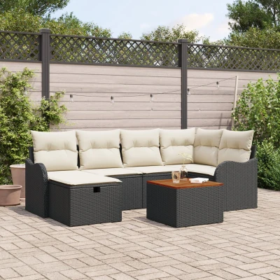 Afbeelding van vidaXL 7 delige Tuin Sofa Set met Kussens Zwart Poly Rattan, 2 persoons Rattan
