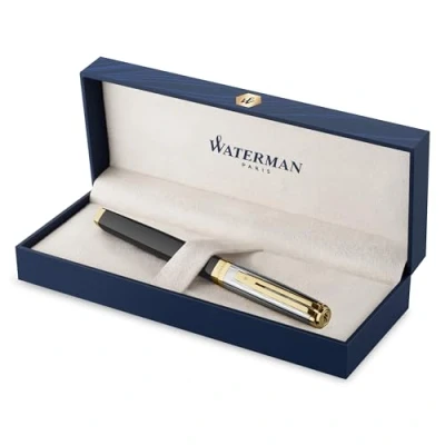 Afbeelding van Waterman Exception vulpen metaal en zwarte lak met gouden detail gebeitelde dop 18K fijne penpunt Geschenkdoos