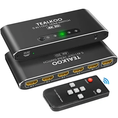 Afbeelding van HDMI Switch 5 IN 1 Out, Splitter met Afstandsbediening, Aluminium 3 Poorten Schakelaar Ondersteuning 4K 3D 1080P Compatibel voor PS5 PS4, PS3, PC, DVD/Blu Ray Speler, Xbox, Roku, TV