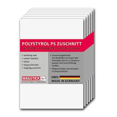 Afbeelding van Mag_265 Polystyreen platen, wit, DIN A4, kunststof hardplaten, PS gesneden, 21 x 29,7 cm, 2 mm dik, voor modelbouw, architectuur, doe het zelf, 6 stuks