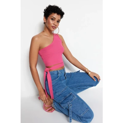 Afbeelding van Trendyol Kaneel Getailleerde/Body Sitting Geribbelde Gedetailleerde Gebreide Blouse Met Één Schouder Twoss22Bz1558
