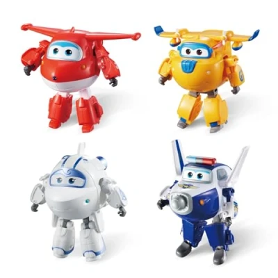 Afbeelding van Super Wings Transformatieset x4 Speelvliegtuig en robotfiguur Transformeerbaar figuur robot uit de animatieserie Speelgoed voor kinderen vanaf 3 jaar 12 cm, Blauw Geel Wit Rood