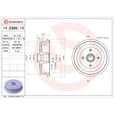 Afbeelding van Brembo Remtrommel 14.E966.10