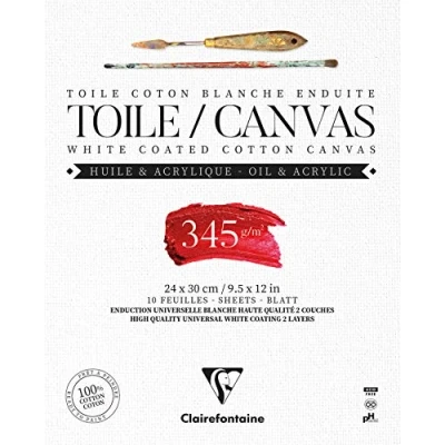 Afbeelding van Clairefontaine Ref 975222C Klaar om te schilderen Canvas Pad (10 vellen) 24 x 30cm formaat, 345gsm papier, zuurvrij, pH neutraal Wit Geschikt voor olie en acrylverf