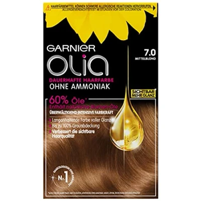 Afbeelding van Garnier Olia permanente haarverf zonder ammoniak, met voedende en natuurlijke oliën, volledige grijshaardekking, kleuring, nr. 7.0 middenblond, 3 x 1 stuks