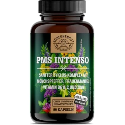 Afbeelding van PMS INTENSO® capsules BELANGRIJK: in het laboratorium getest vitaalcomplex met monnikspeper, ganzenvingerkruid, vrouwenmantel, saffraan, vitamine C, B6, zink I 90 DE SCHEUNENGUT®