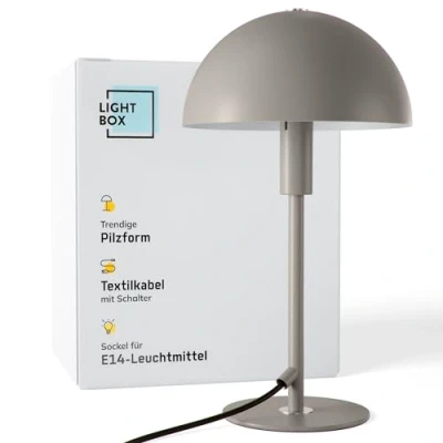 Afbeelding van Lightbox Pilz Tischlampe Home Office Schreibtischlampe mit Wipp Schalter LED Lampe (E14 Fassung) als Nachttischlampe, Büro und Schreibtisch Zubehör aus Metall in Taupe/Grau