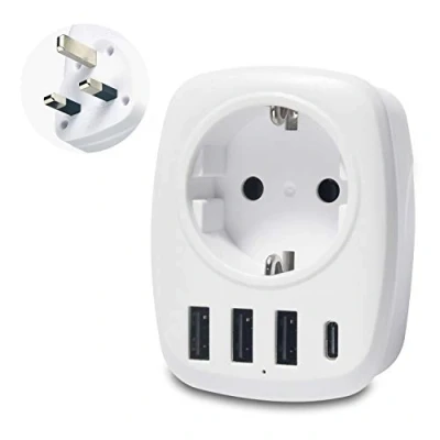 Afbeelding van Unidapt Reisadapter, UK adapter, Engeland, Duitsland, stekker met 3 USB, 1 type C, AC stekkeradapter, reisstekker, stroomadapter, Schuko naar G, Groot Brittannië, Ierland, muuroplader, laadstation, stopcontact