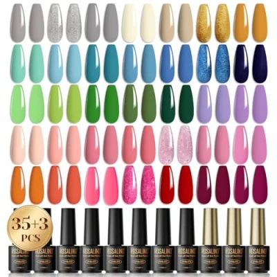 Afbeelding van ROSALIND Uv nagellakset, 35 + 3 stuks gelnagellak, schellak nagellak, grijs, wit, oranje, blauw, groen, roze, glitter, kleurgel, gelnagels voor nagelstudio, design, beginner, manicure, cadeauset
