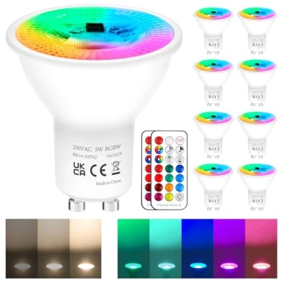Afbeelding van REYLAX gu10 LED Kleur Veranderende Gloeilampen, 5W Dimbare Ledspot Warm Wit 3000K, RGB 12 Kleuren Spotlight Lamp met Afstandsbediening, 5 Modes, Equivalent 50 Watt Lampen, 8 Stuks