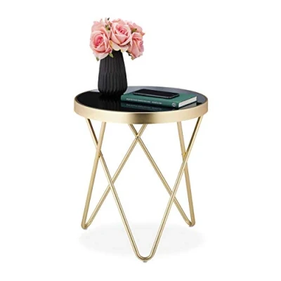 Afbeelding van Relaxdays bijzettafel rond, trendy salontafel, metaal &amp; glas, hoogglans, retro design, HxD: 46x42 cm, zwart goud