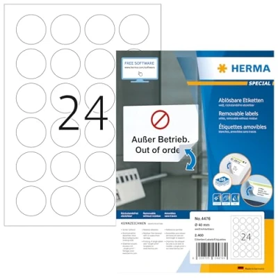 Afbeelding van HERMA 4476 universele etiketten A4 afneembaar, set van 14 (Ø 40 mm, 1.400 vellen, papier, rond) zelfklevend, bedrukbaar, verwijderbaar en opnieuw klevende etiketten, 33.600 voor printer, wit