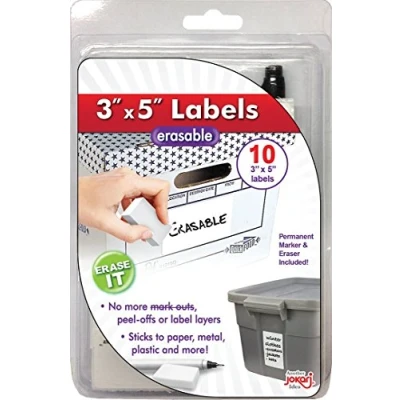 Afbeelding van Jokari 48037 uitwisbare multifunctionele labels etiketten voor grote met 10 etiketten, gum en pen 7,6 cm x 12,7 wit wegwerp