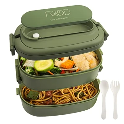 Afbeelding van OITUGG lunchbox Volwassenen: 2 laags Bento Box 1550 ml voor mannen vrouw 3 vaks met bestek BPA vrije plastic geschikt kantoorschool magnetronbestendig vaatwasser (groen)