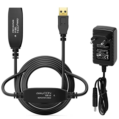 Afbeelding van deleyCON 10m Actieve USB 3.0 Kabel Verlenging met 2 Signaalversterker &amp; Voedingsadapter USB3.0 Repeaterkabel Verlengkabel PC Computer Printer Scanner