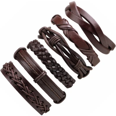 Afbeelding van Fako Bijoux® Leren Armband Leder Set Deluxe 6 Stuks Bruin