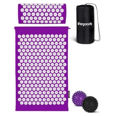 Afbeelding van LifeGoods Acupressuur Mat met Kussen, 2x Triggerpoint Massage Ballen en Draagtas Spijkermat voor Ontspanning Pijnverlichting Acupunctuur Set Lotus Shakti Paars &amp; Wit
