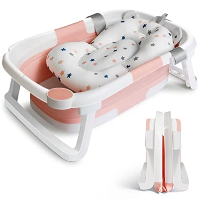 Afbeelding van Baby Bad Opvouwbare Badkuip, Pasgeboren Plastic met Kussen Pad Anti Slip Benen Inklapbare voor Peuter Kids Baden Childrens Travel Douche Roze en Wit