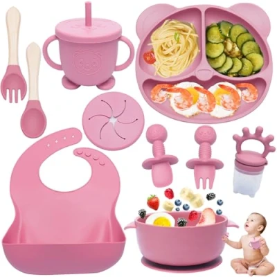 Afbeelding van Dazhtu 10 delig siliconen babyservies, kinderservies, babybord, antislip met zuignap, babybord kom, slabbetje, lepel, vork, babydrinkbeker, fruitspeenset, roze