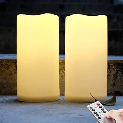 Afbeelding van NONNO&amp;ZGF 10 cm x 20 outdoor grote LED voor buiten waterdichte kaarsen, op batterijen werkende plastic kaars met afstandsbediening/timerfunctie (warm wit licht), set van 2