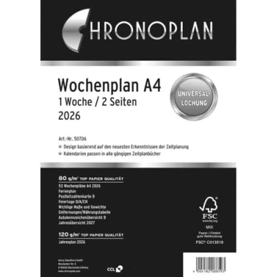 Afbeelding van Chronoplan 50706 Agendavulling 2026, weekplan A4, 210 x 297 mm, reserve kalender voor afsprakenplanner, ideaal gedetailleerde weekplanning, 1 week op 2 pagina&#039;s in kolommen, met universele