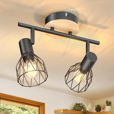 Afbeelding van Kimjo Led plafondspot 2 vlammen rond hout draaibaar, plafondlamp spot E14 zwart, wandlamp keukenlamp woonkamer slaapkamer geen lampen