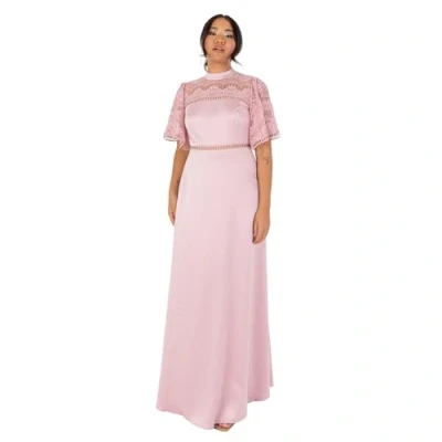 Afbeelding van Maya Deluxe Dames Maxi Flutter Sleeve Ronde Hals Lace Trim Satijn voor Bruiloft Guest Avondfeest Occasion Prom Ball Gown Jurk, roze (blush pink), 40
