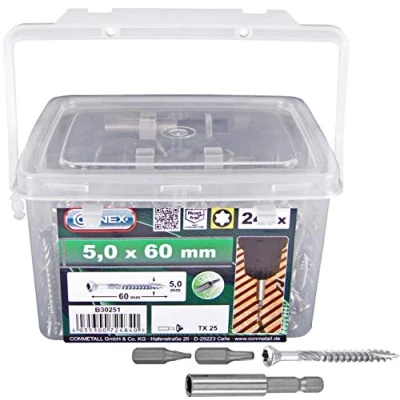 Afbeelding van Connex Terrasschroeven 5,0 x 60 mm 240 stuks met boorpunt &amp; snijinkeping verzonken kop TX aandrijving roestvrij staal C1 incl. magneethouder en 2 bits/schroefemmer / B30251