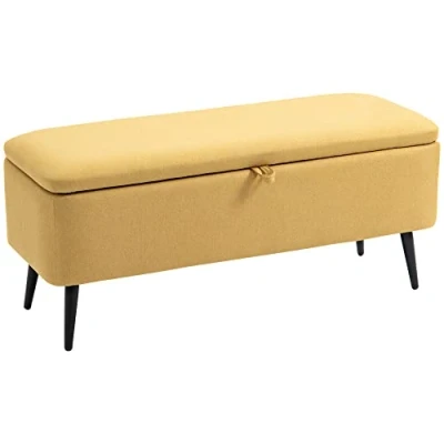 Afbeelding van HOMCOM Bank Opbergkist 2 in 1 van stof met zwarte stalen poten, 101 x 38,5 44,5 cm, geel