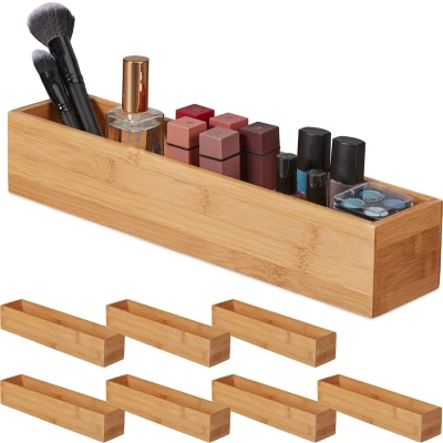 Afbeelding van 8x bamboe opbergbox, organizer voor badkamer, keuken &amp; bureau, langwerpig, opbergdoosje, HBD: 7x38x8 cm, natuur