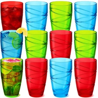 Afbeelding van Acryl Drank Glazen, Drinkglazen, Highball Bekers, Picknick Glazen (Gekleurd 12 stuks), Plastic Tumblers met Swirl Ontwerp (8cm x 15cm / 550ml) cups, Glasses drinking, Drinking
