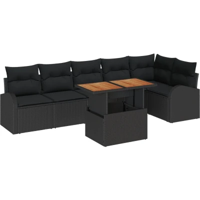 Afbeelding van vidaXL 7 delig Tuin Eetset met Kussens Zwart Poly Rattan Acacia