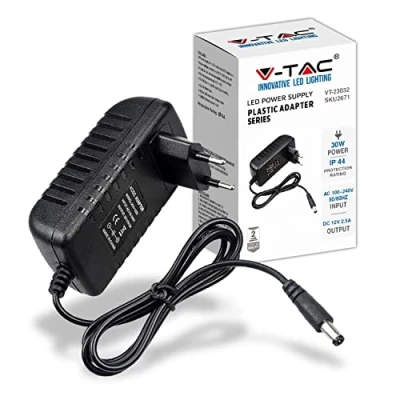 Afbeelding van V TAC Voeding 12 30 W 2,5 A voor camera&#039;s, ledstrips, modem adapter transformator met stekker beeldschermen en elektronische apparaten ingang AC 100 240 50/60 Hz, zwart
