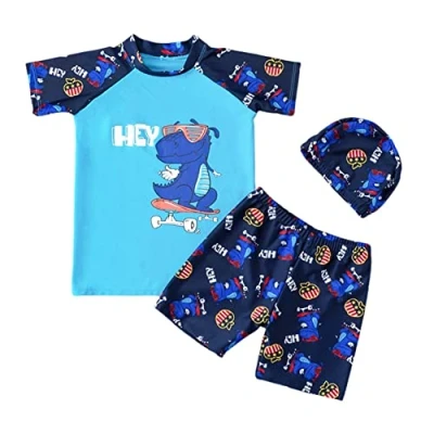 Afbeelding van FedMois Kinderen Jongens Zwempak 3 delig Badmode Set Zwemshirt Zwemshorts Badmuts, Dinosaurus Skateboard, 4 jaar