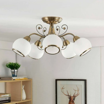 Afbeelding van Lindby plafondlamp 5 lichts glas, metaal H: 26 cm E14 wit gesatineerd, oudmessing