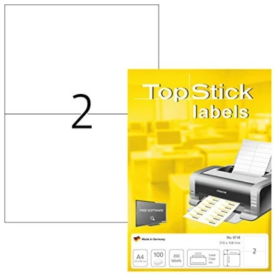 Afbeelding van TopStick 8718 universele etiketten DIN A4 groot (210 x 148 mm, 100 vellen, papier, mat) zelfklevend, bedrukbaar, permanent hechtend adresstickers, 200 kleefetiketten, wit
