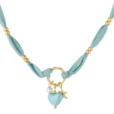 Afbeelding van Casa Jadel Licht blauwe ketting van stof met blauw hart gouden zeester en parelkraaltje
