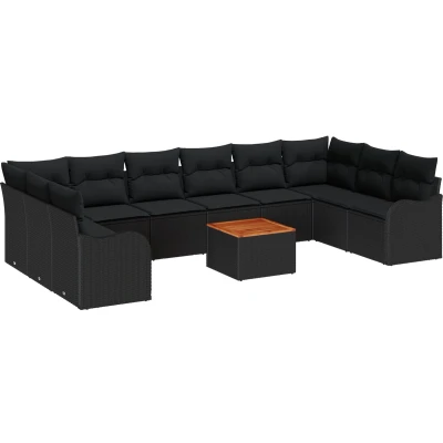 Afbeelding van vidaXL 11 delige tuinsofa set met kussens Zwarte Poly Rattan Acacia, 2 zits opslag &amp;