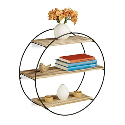 Afbeelding van Relaxdays wandrek rond hout wandplank 3 etages wandboard metaal zwart