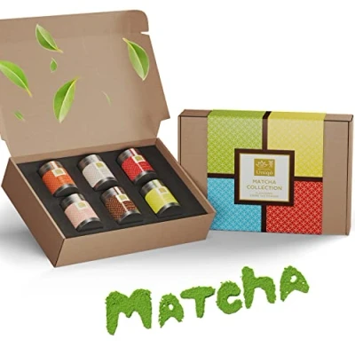 Afbeelding van Tea Uniqo matcha theepoeder, probeerset, 6 soorten ideaal voor drinken, ijs, latte, shakes, om te bakken of koken, geschenkset met Japans groene zonder kunstmatige kleurstoffen
