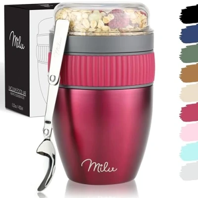Afbeelding van Milu Mueslibeker to go 400 ml, geïsoleerde roestvrijstalen yoghurtbeker voor muesli, lekvrije beker met lepel yoghurt / pap (berry)