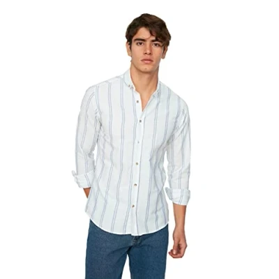 Afbeelding van Trendyol Heren White Slim Fit Button Collar Thin Striped New Shirt, XL